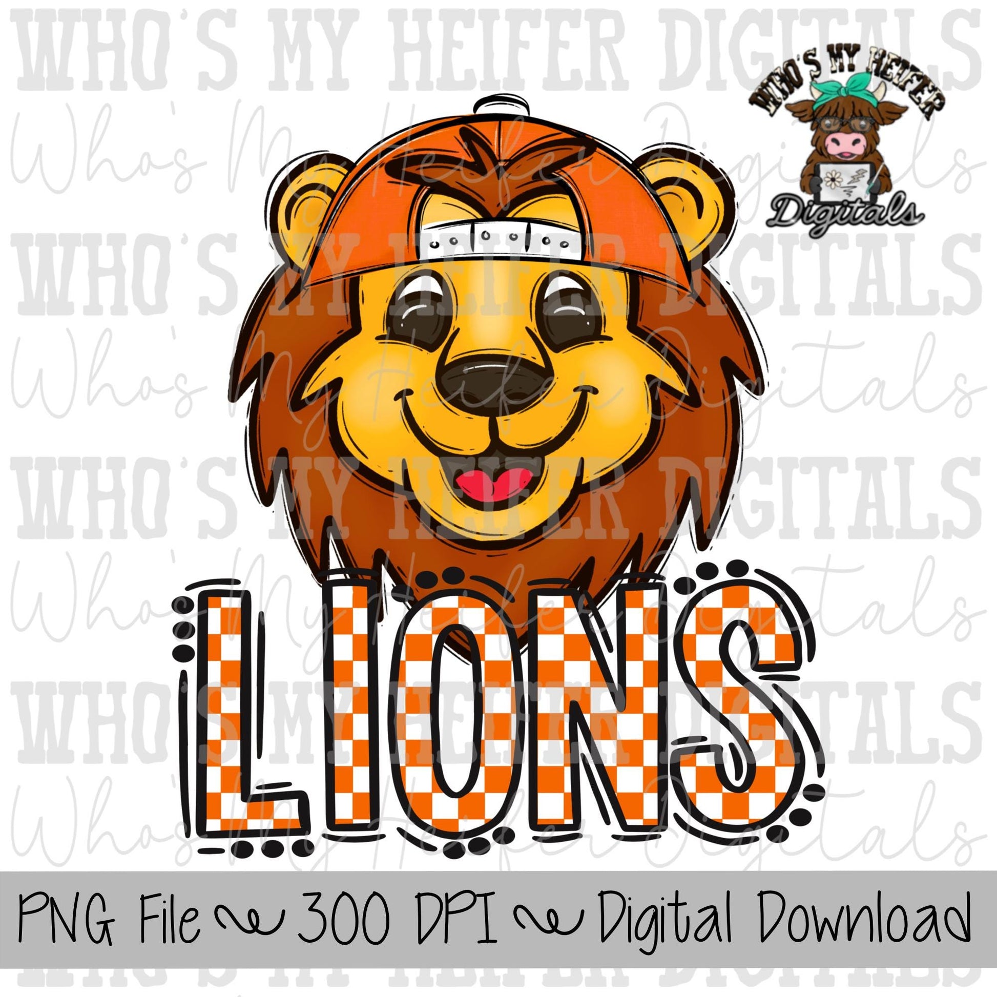 Orange & White Lions PNG Hand Drawn Lions with Hat Sublimation PNG Game Day Shirt Design School Spirit PNG Checkered Lion Doodle Art