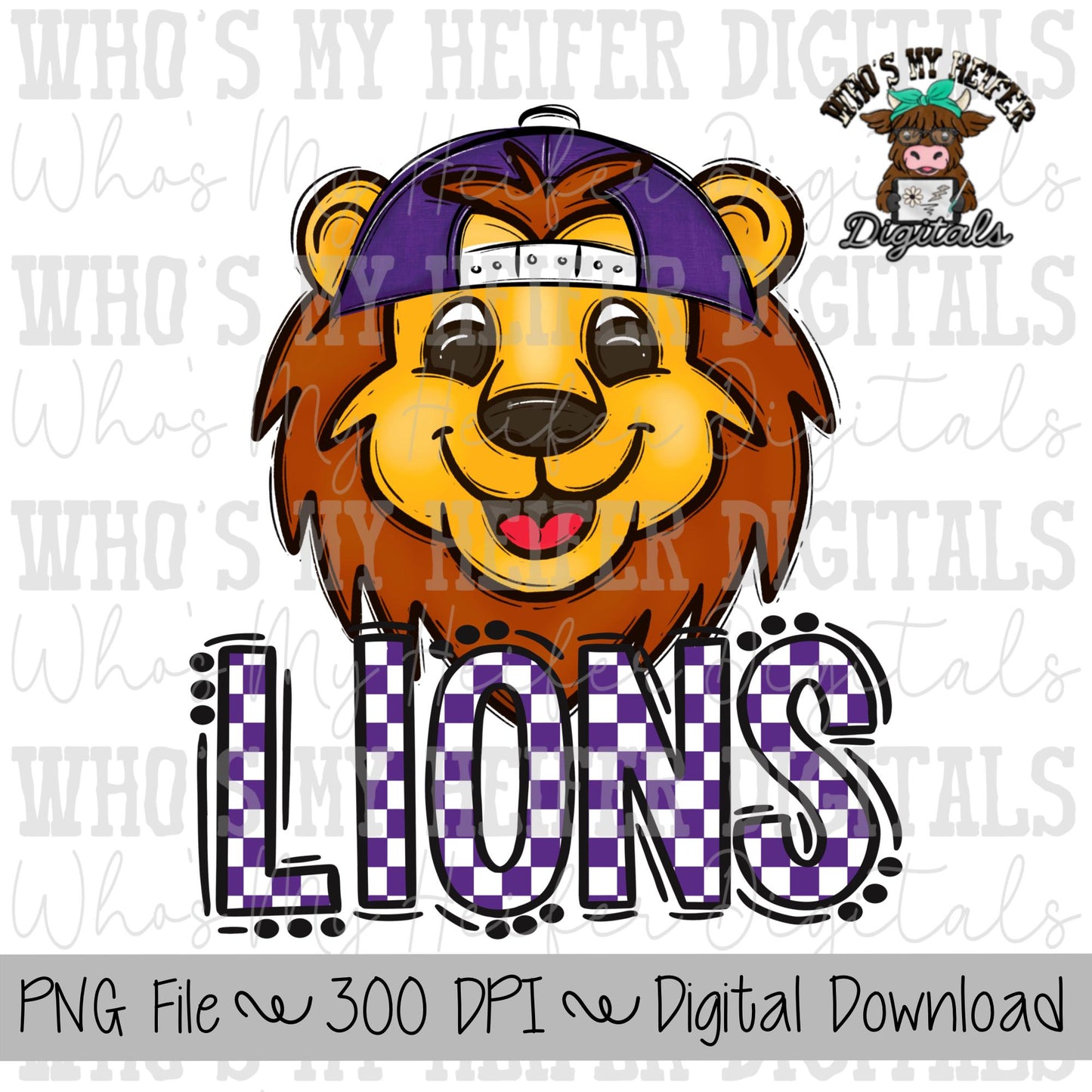 Purple & White Lions PNG Hand Drawn Lions with Hat Sublimation PNG Game Day Shirt Design School Spirit PNG Checkered Lion Doodle Art