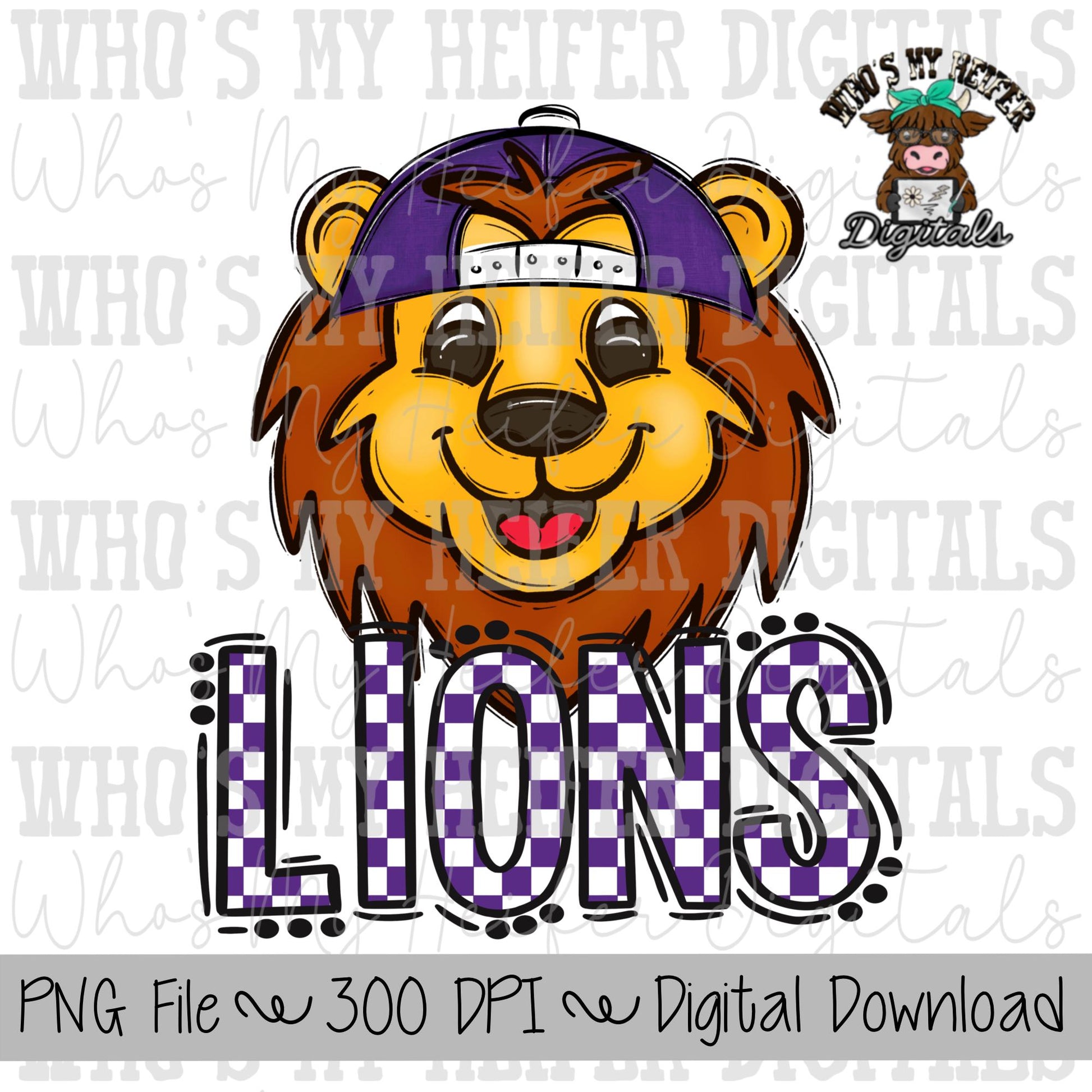 Purple & White Lions PNG Hand Drawn Lions with Hat Sublimation PNG Game Day Shirt Design School Spirit PNG Checkered Lion Doodle Art