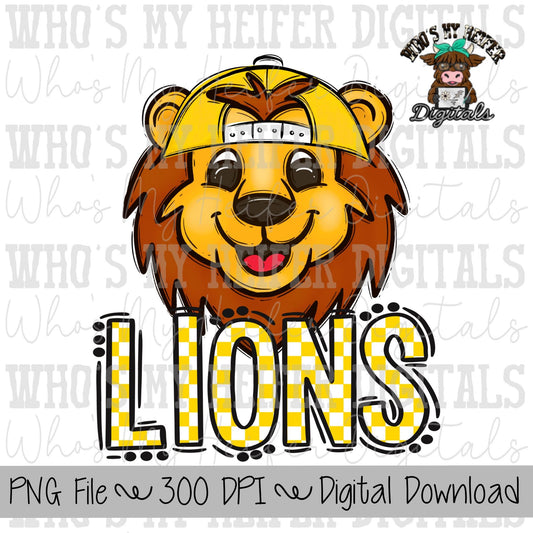 Yellow & White Lions PNG Hand Drawn Lions with Hat Sublimation PNG Game Day Shirt Design School Spirit PNG Checkered Lion Doodle Art