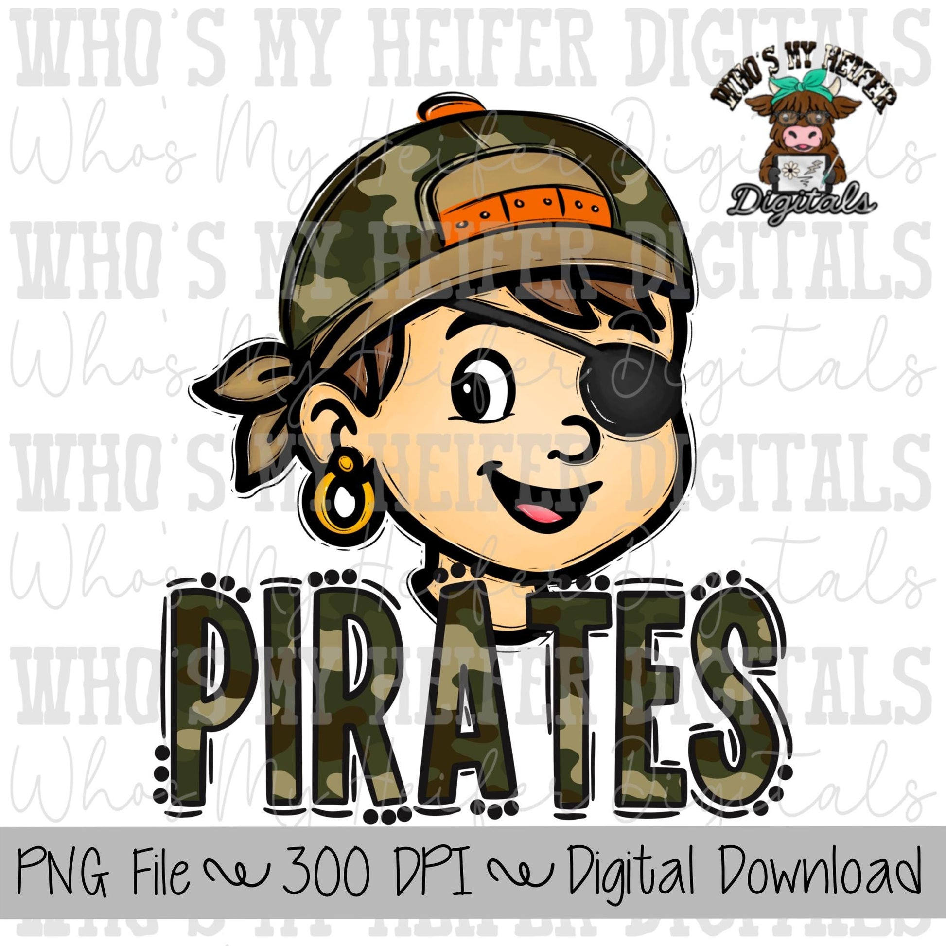 Camo Hat Pirates PNG Hand Drawn Pirate with Hat Sublimation PNG Game Day Shirt Design School Spirit PNG Camouflage Pirate Kid Mascot Doodle