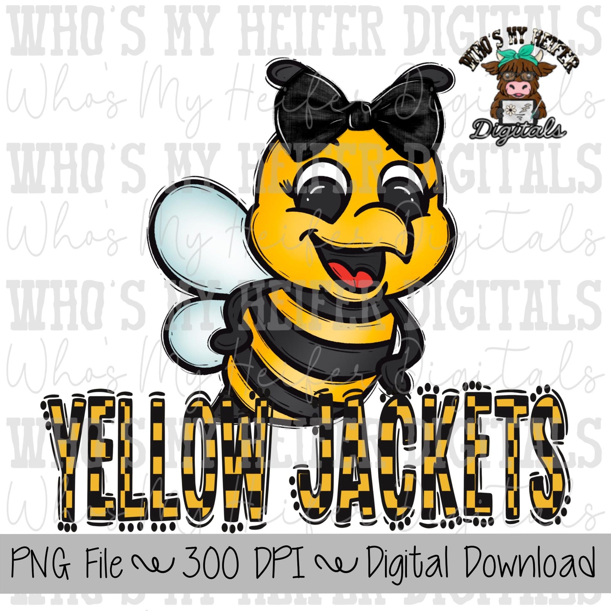 Yellow Jackets PNG Hand Drawn Yellow Jackets with Bow Sublimation PNG Game Day Shirt Designs School Spirit PNG Checkered Jackets Doodle Art