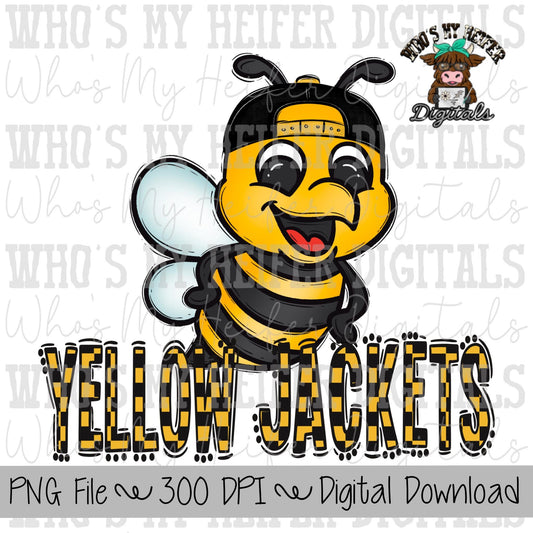 Yellow Jacket PNG Hand Drawn Yellow Jacket with Hat Sublimation PNG Game Day Shirt Designs School Spirit PNG Checkered Jackets Doodle Art