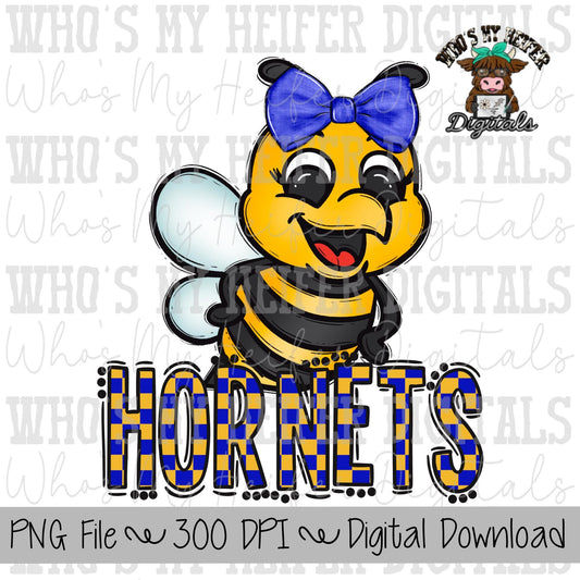 Blue & Yellow Hornet PNG Hand Drawn Hornet with Bow Sublimation PNG Game Day Shirt Designs School Spirit PNG Checkered Hornets Doodle Art
