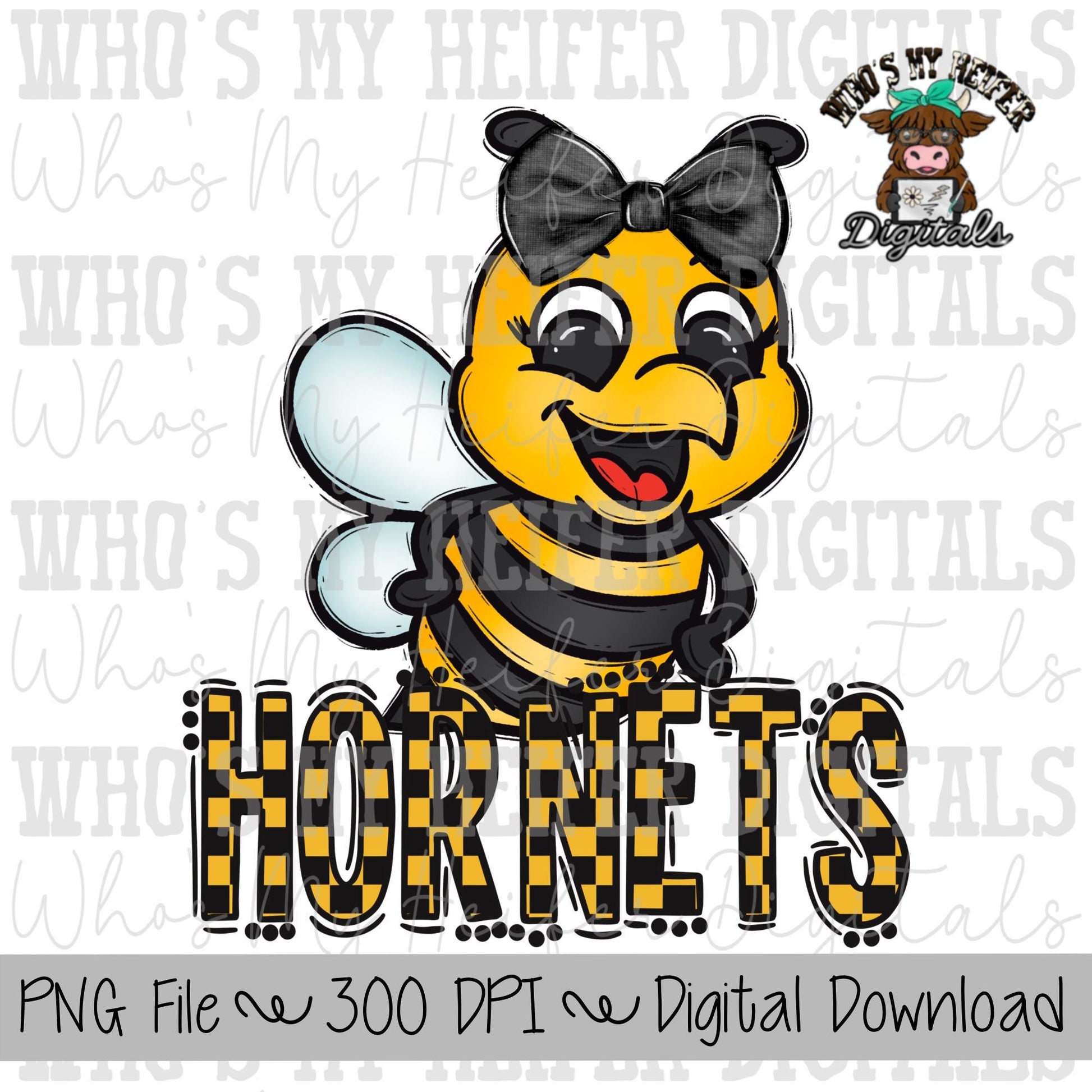 Black & Yellow Hornet PNG Hand Drawn Hornet with Bow Sublimation PNG Game Day Shirt Designs School Spirit PNG Checkered Hornets Doodle Art