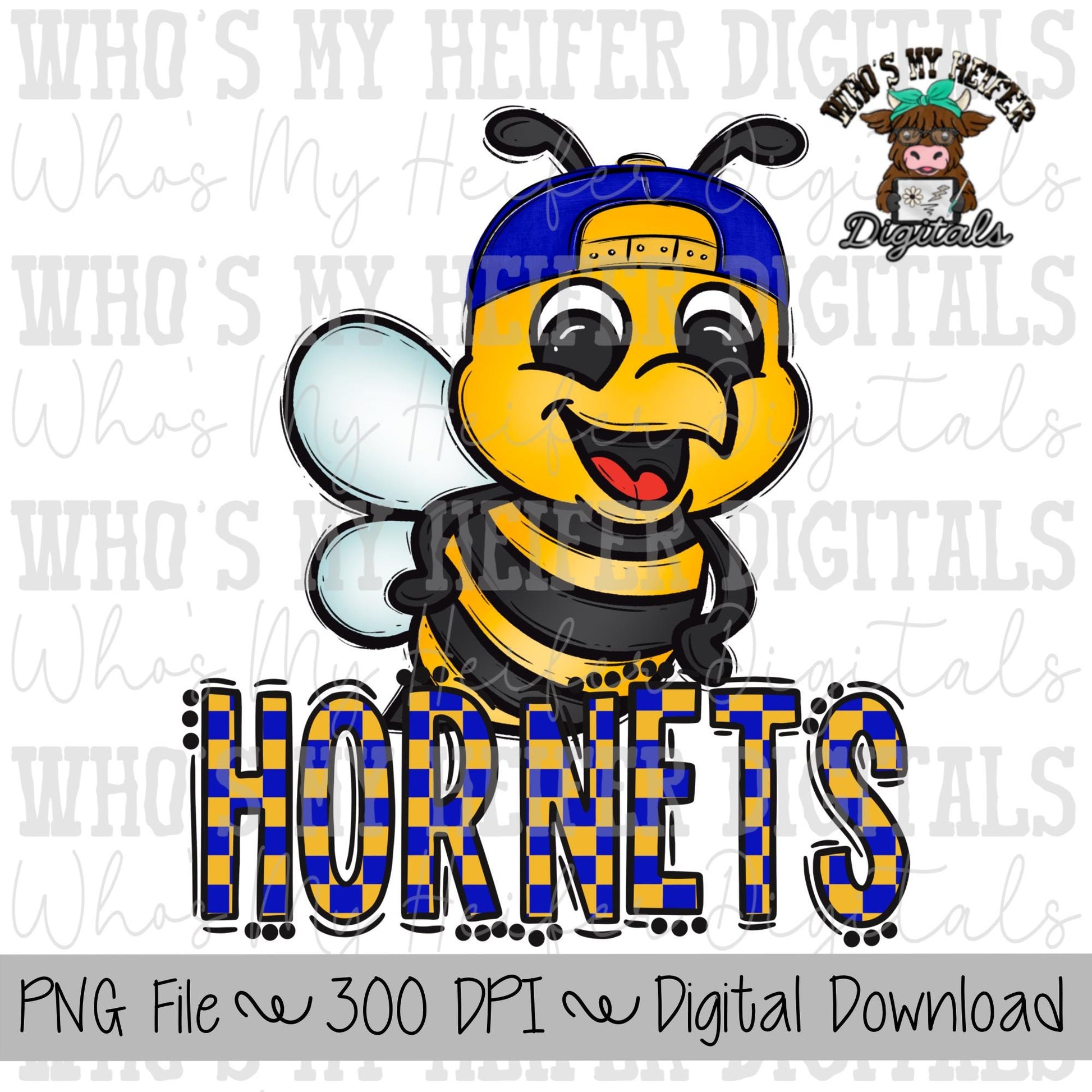 Blue & Yellow Hornet PNG Hand Drawn Hornet with Hat Sublimation PNG Game Day Shirt Designs School Spirit PNG Checkered Hornets Doodle Art