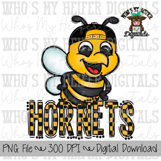 Black & Yellow Hornet PNG Hand Drawn Hornet with Hat Sublimation PNG Game Day Shirt Designs School Spirit PNG Checkered Hornets Doodle Art