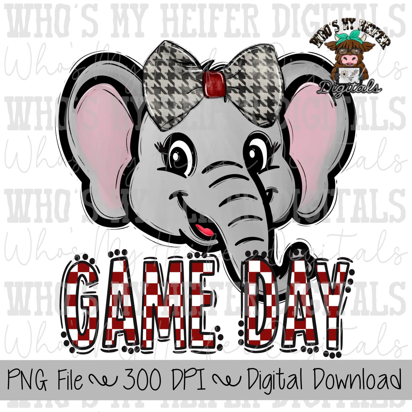 Red & White Elephant PNG Hand Drawn Elephant with Bow Sublimation PNG Game Day Shirt Designs School Spirit PNG Checkered Elephant Doodle Art