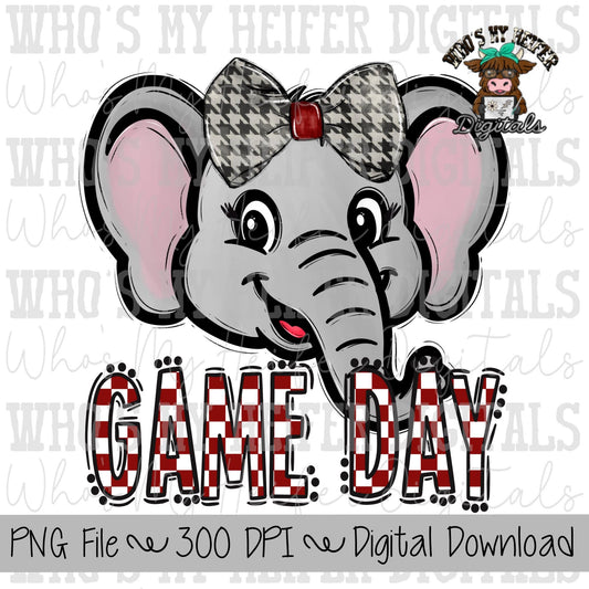 Red & White Elephant PNG Hand Drawn Elephant with Bow Sublimation PNG Game Day Shirt Designs School Spirit PNG Checkered Elephant Doodle Art
