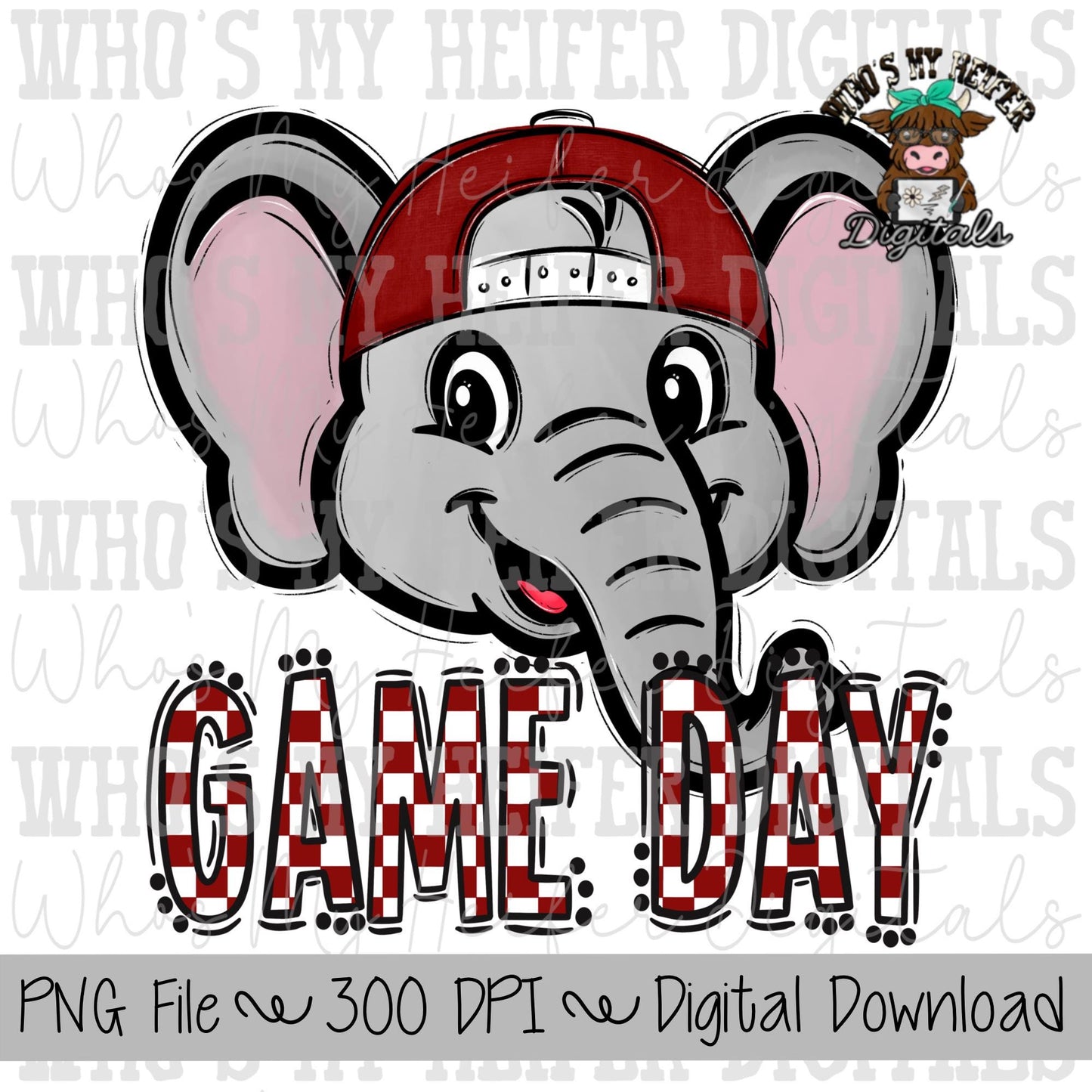 Red & White Elephant PNG Hand Drawn Elephant with Hat Sublimation PNG Game Day Shirt Designs School Spirit PNG Checkered Elephant Doodle Art