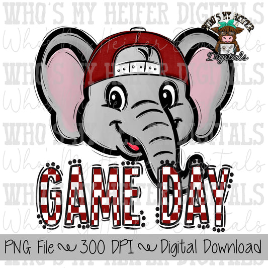 Red & White Elephant PNG Hand Drawn Elephant with Hat Sublimation PNG Game Day Shirt Designs School Spirit PNG Checkered Elephant Doodle Art