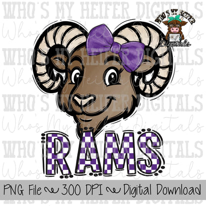 Purple & White Rams PNG Hand Drawn Ram with Bow Sublimation PNG Game Day Shirt Designs School Spirit PNG Checkered Rams Doodle Art