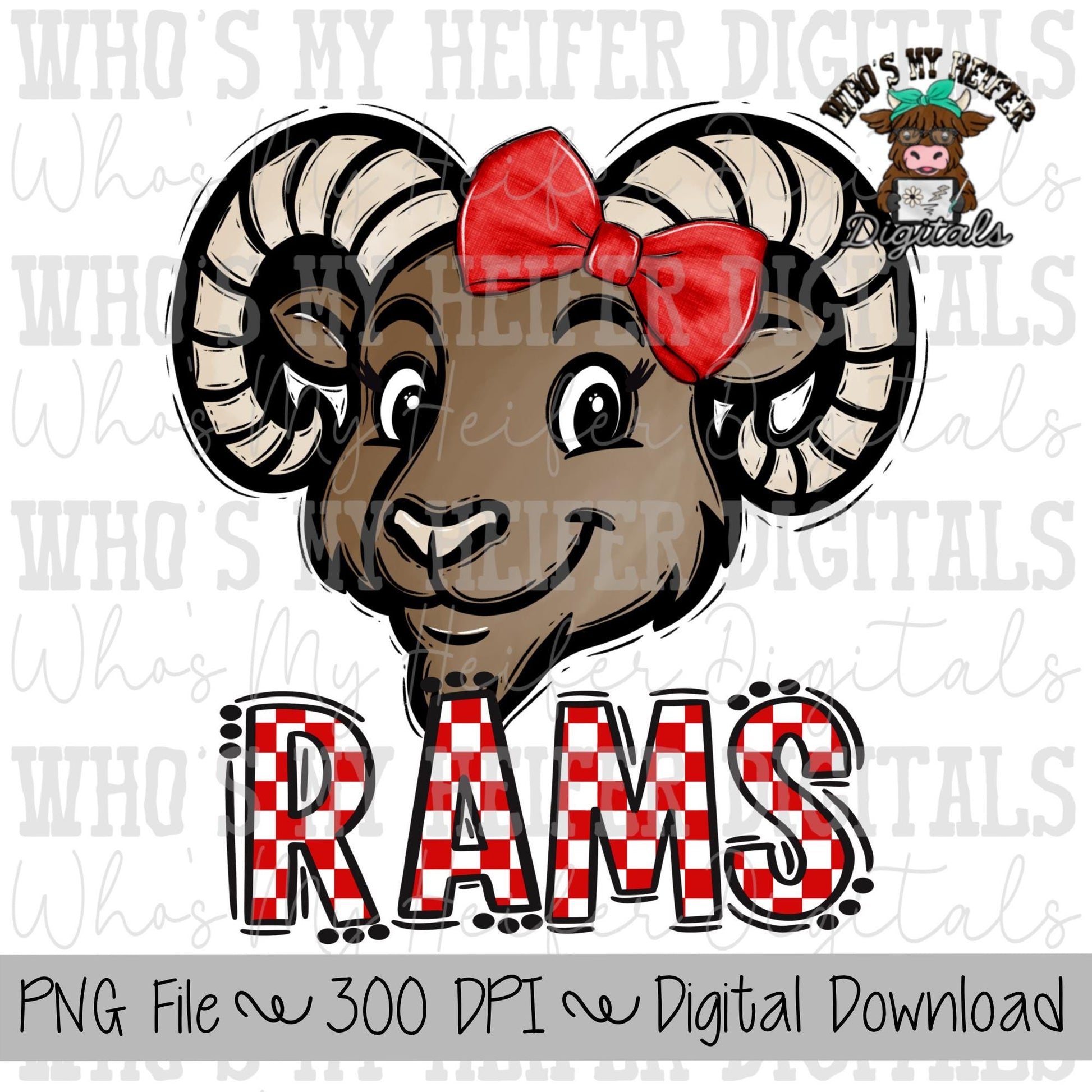 Red & White Rams PNG Hand Drawn Ram with Bow Sublimation PNG Game Day Shirt Designs School Spirit PNG Checkered Rams Doodle Art