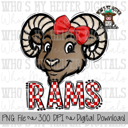 Red & White Rams PNG Hand Drawn Ram with Bow Sublimation PNG Game Day Shirt Designs School Spirit PNG Checkered Rams Doodle Art