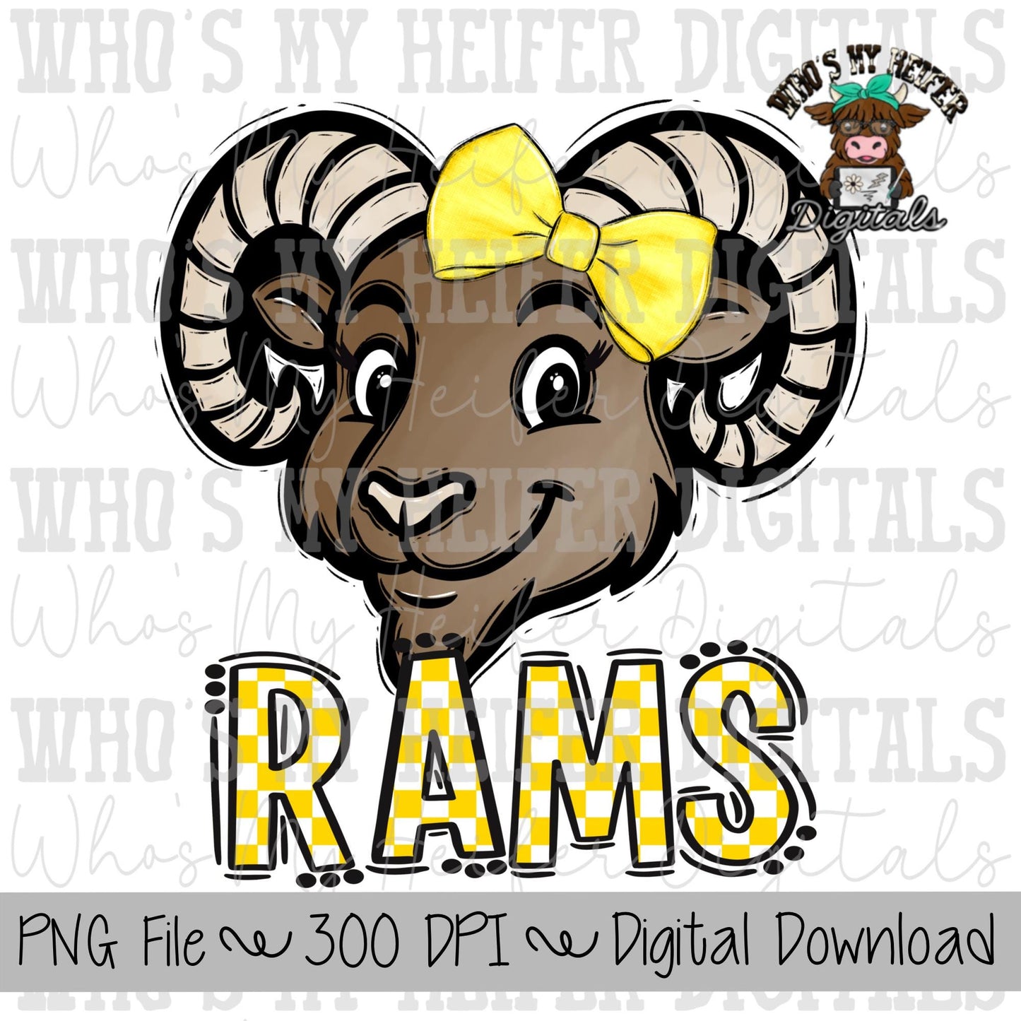 Yellow & White Rams PNG Hand Drawn Ram with Bow Sublimation PNG Game Day Shirt Designs School Spirit PNG Checkered Rams Doodle Art