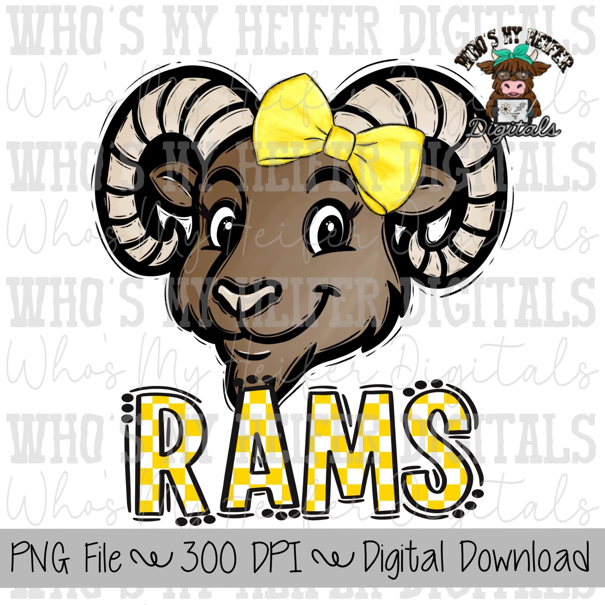 Yellow & White Rams PNG Hand Drawn Ram with Bow Sublimation PNG Game Day Shirt Designs School Spirit PNG Checkered Rams Doodle Art