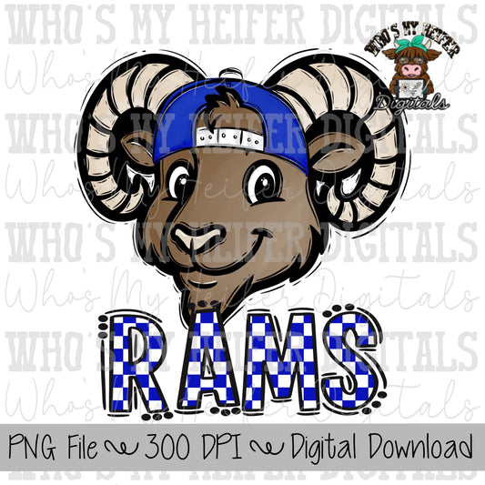 Blue & White Rams PNG Hand Drawn Ram with Hat Sublimation PNG Game Day Shirt Designs School Spirit PNG Checkered Rams Doodle Art