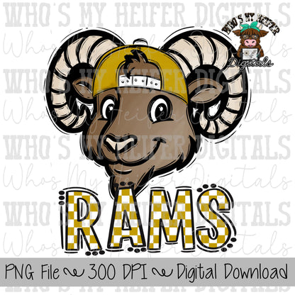 Gold & White Rams PNG Hand Drawn Ram with Hat Sublimation PNG Game Day Shirt Designs School Spirit PNG Checkered Rams Doodle Art