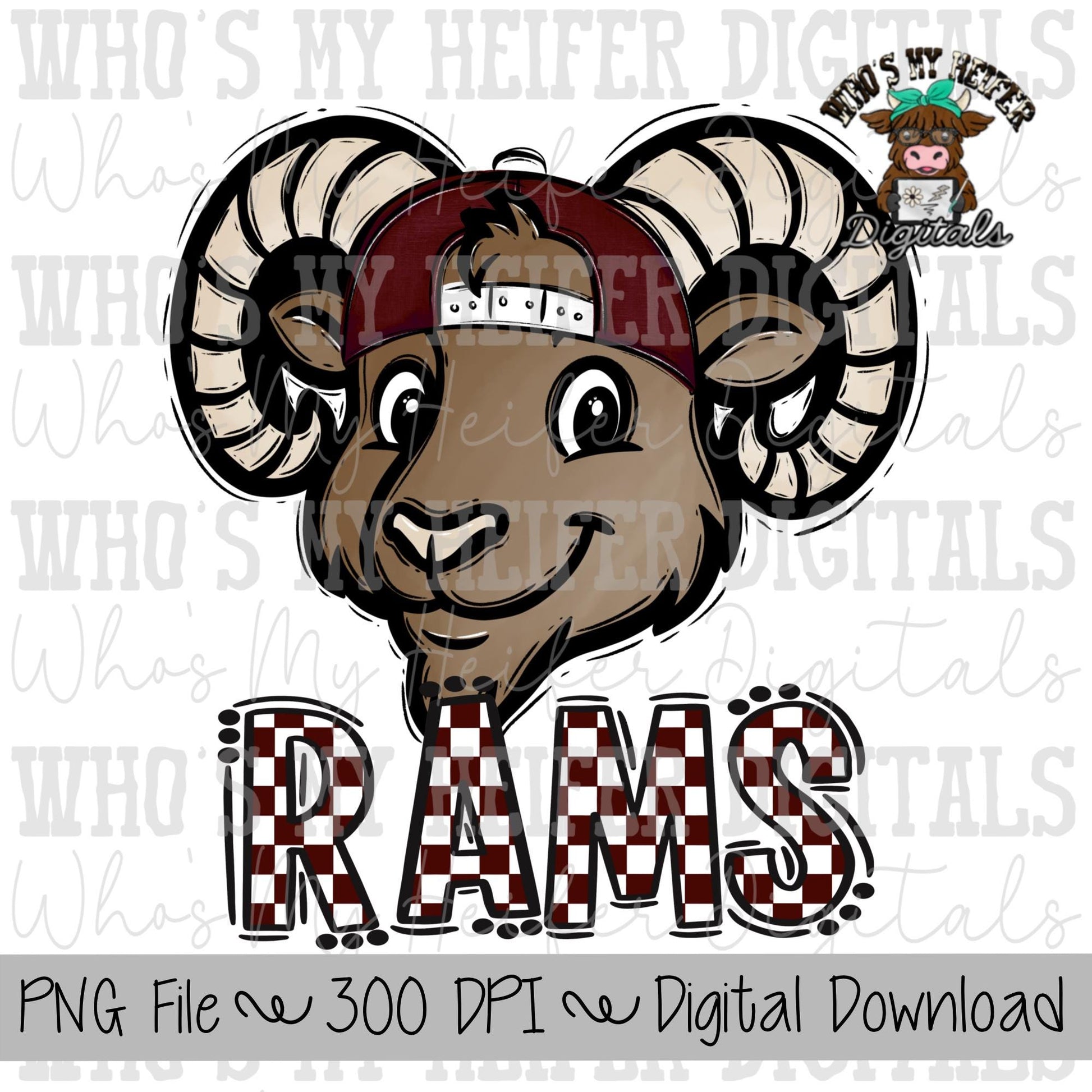 Maroon & White Rams PNG Hand Drawn Ram with Hat Sublimation PNG Game Day Shirt Designs School Spirit PNG Checkered Rams Doodle Art