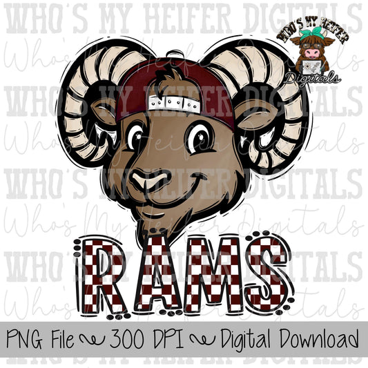 Maroon & White Rams PNG Hand Drawn Ram with Hat Sublimation PNG Game Day Shirt Designs School Spirit PNG Checkered Rams Doodle Art