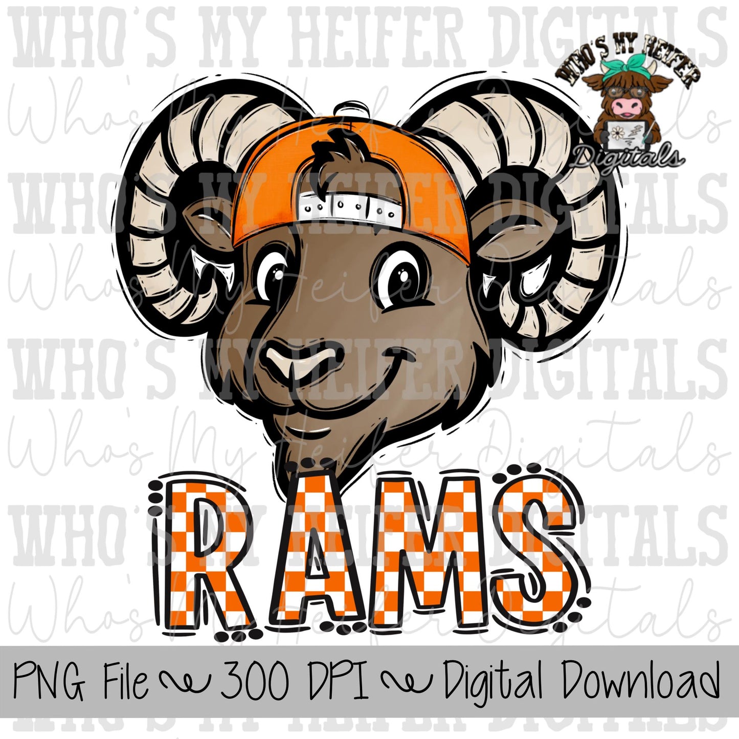 Orange & White Rams PNG Hand Drawn Ram with Hat Sublimation PNG Game Day Shirt Designs School Spirit PNG Checkered Rams Doodle Art
