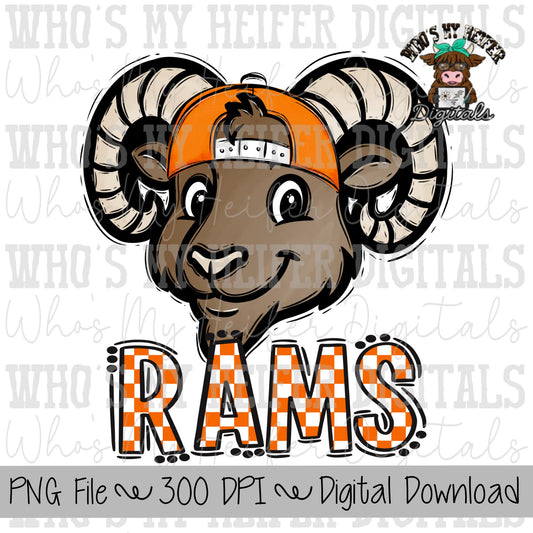 Orange & White Rams PNG Hand Drawn Ram with Hat Sublimation PNG Game Day Shirt Designs School Spirit PNG Checkered Rams Doodle Art