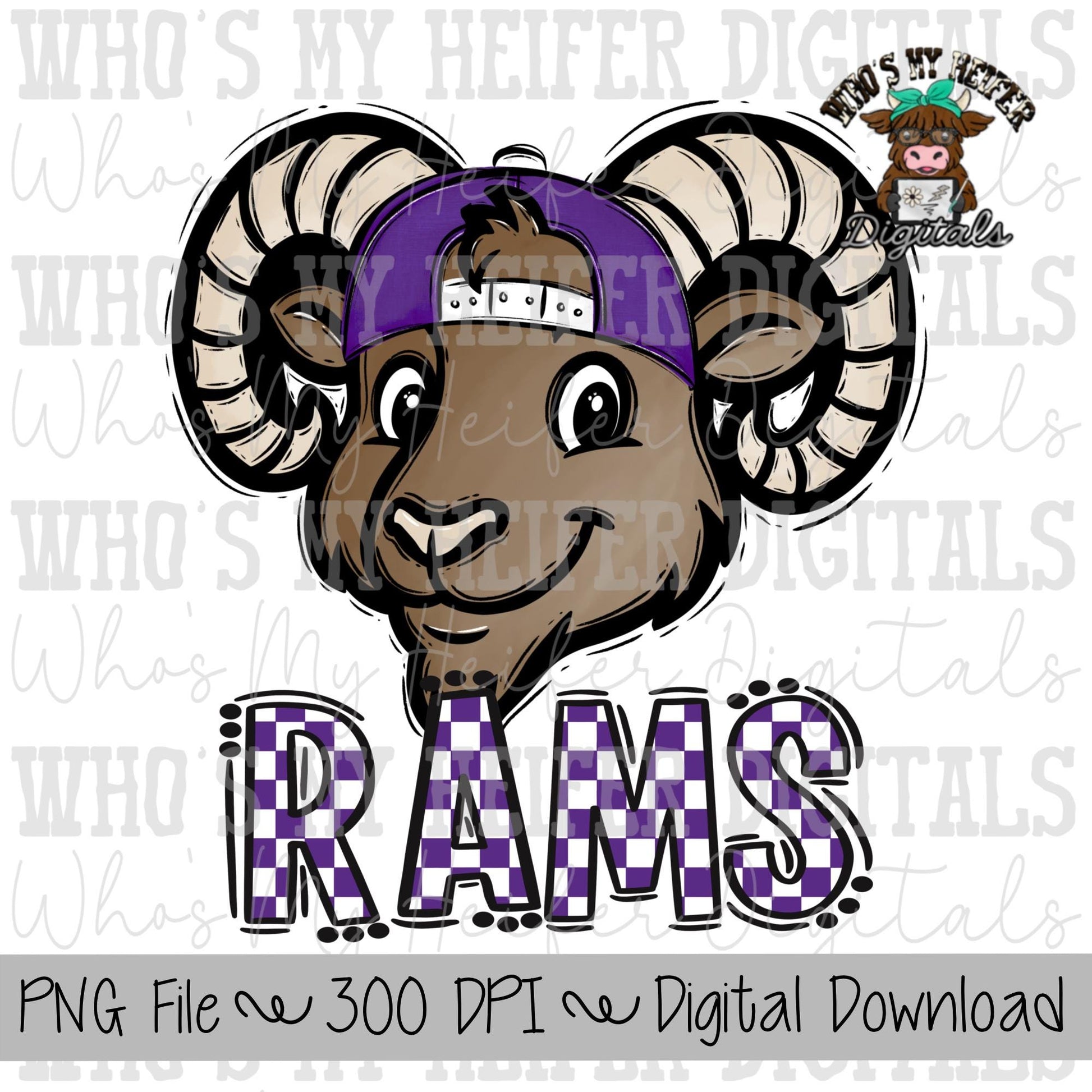 Purple & White Rams PNG Hand Drawn Ram with Hat Sublimation PNG Game Day Shirt Designs School Spirit PNG Checkered Rams Doodle Art
