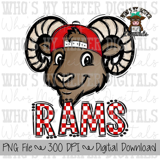 Red & White Rams PNG Hand Drawn Ram with Hat Sublimation PNG Game Day Shirt Designs School Spirit PNG Checkered Rams Doodle Art