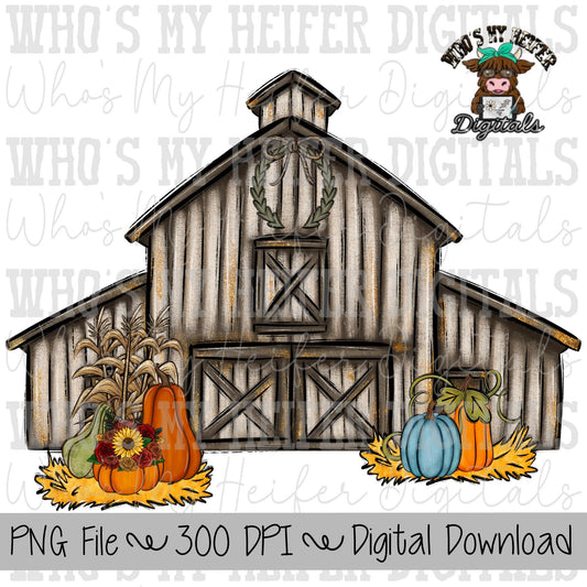 Whimsical Fall Farmhouse Barn Sublimation PNG Design Hand Drawn Barn with Pumpkins Hand Painted Digital Download Towel Design for Kids Shirt