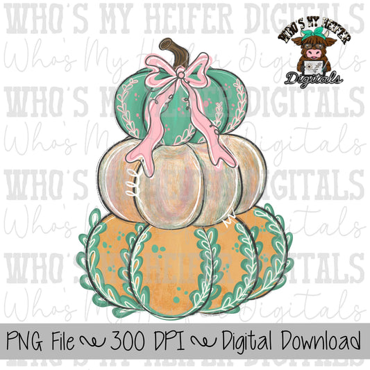 Coquette Pumpkin Stack Sublimation PNG Hand Drawn Pastel Pumpkin with Bow Preppy Fall Pumpkin Shirt Design Kids Pumpkin Doodle Art
