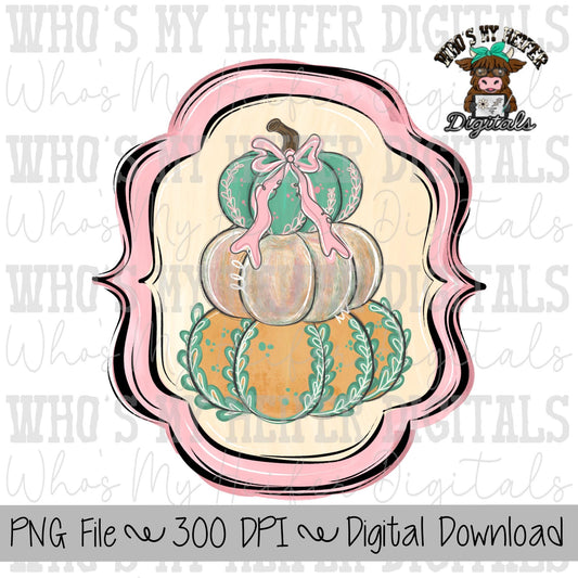 Coquette Pumpkin Stack Sublimation PNG Hand Drawn Pumpkin with Bow Shirt Design Pumpkin Topiary PNG Grand millennial Pumpkin Fall Mirror PNG