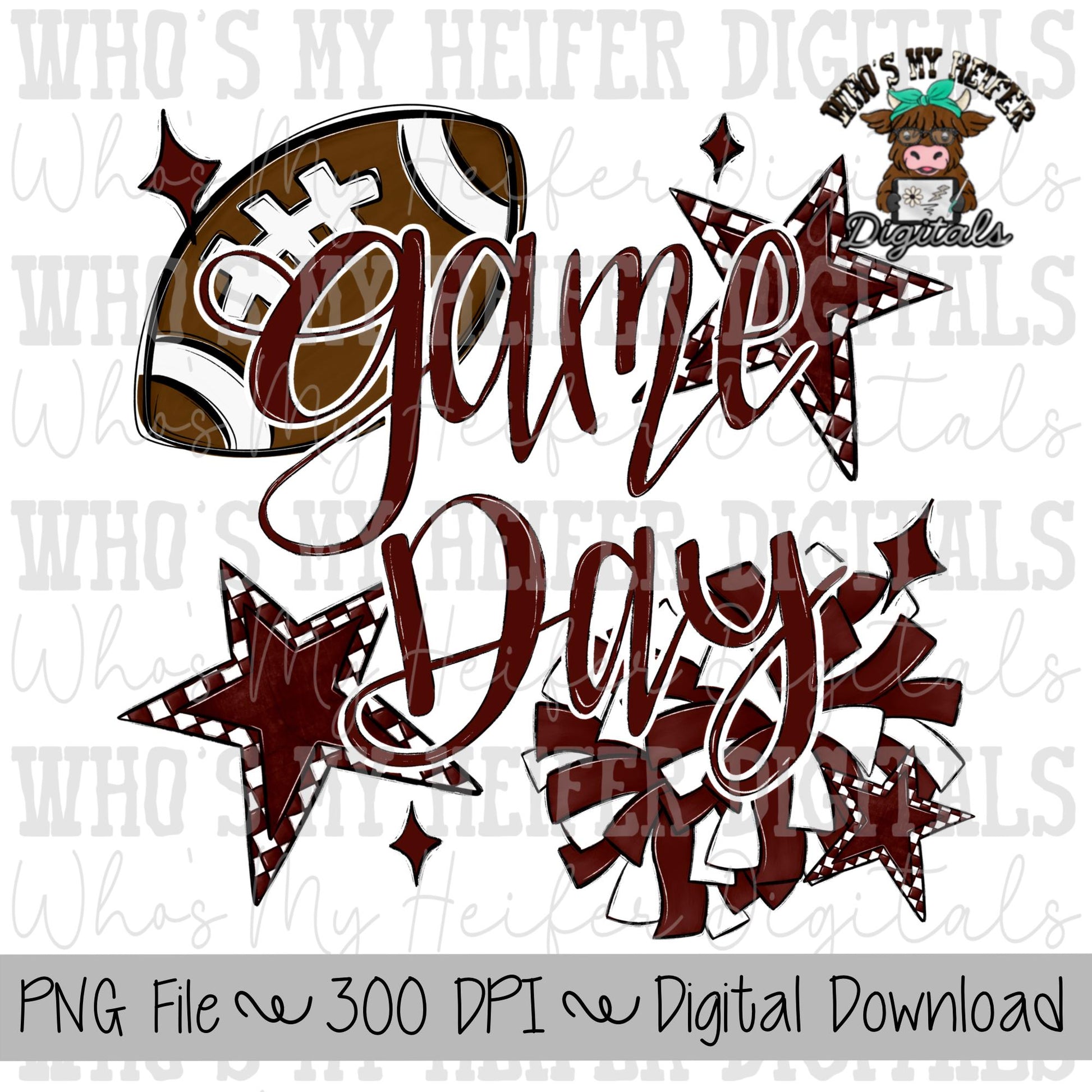 Game Day Football Cheer PNG Hand Drawn Football & Pompoms Sublimation Design Girl Game Day Shirt Design Cheer Clipart Checkered Stars