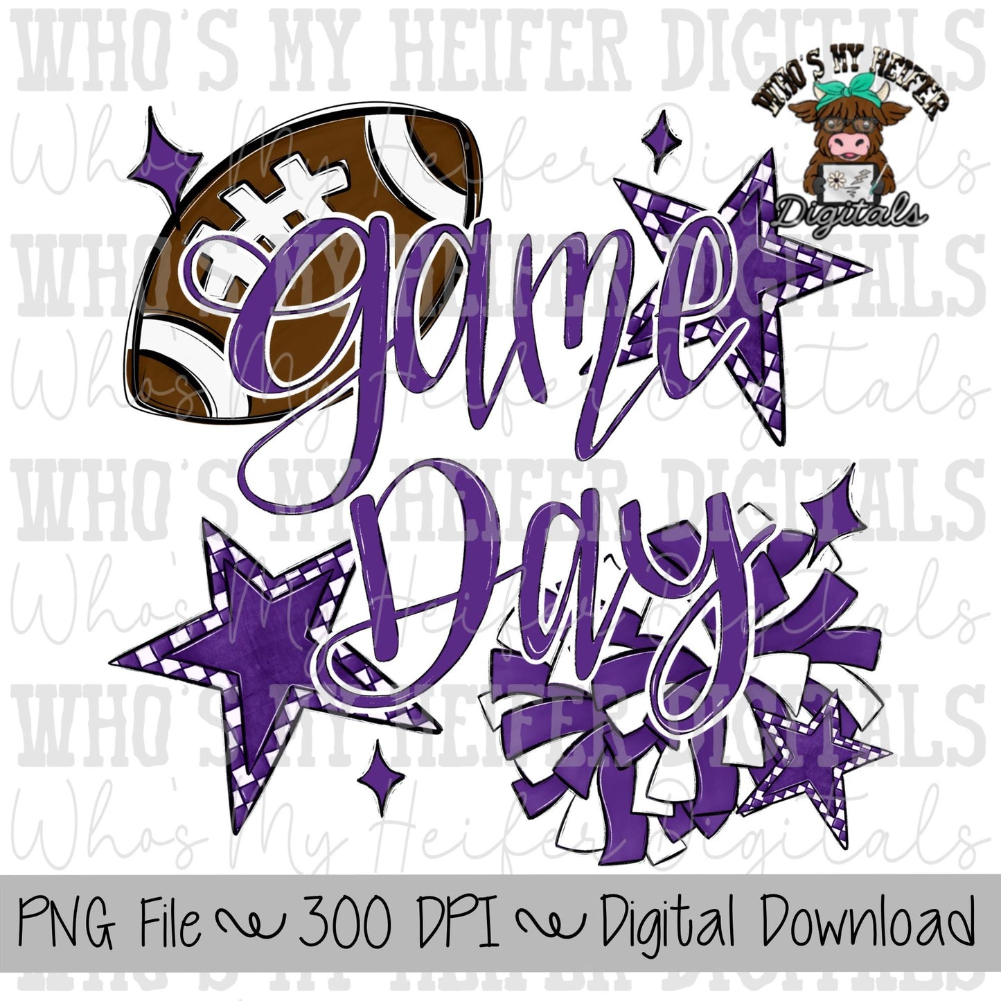 Game Day Football Cheer PNG Hand Drawn Football & Pompoms Sublimation Design Girl Game Day Shirt Design Cheer Clipart Checkered Stars