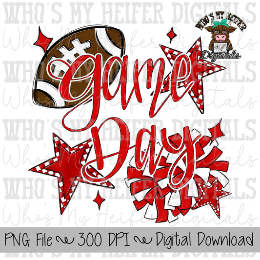 Game Day Football Cheer PNG Hand Drawn Football & Pompoms Sublimation Design Girl Game Day Shirt Design Cheer Clipart Checkered Stars