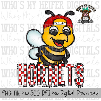 Red & White Hornet PNG Hand Drawn Hornet with Hat Sublimation PNG Game Day Shirt Designs School Spirit PNG Checkered Hornets Doodle Art
