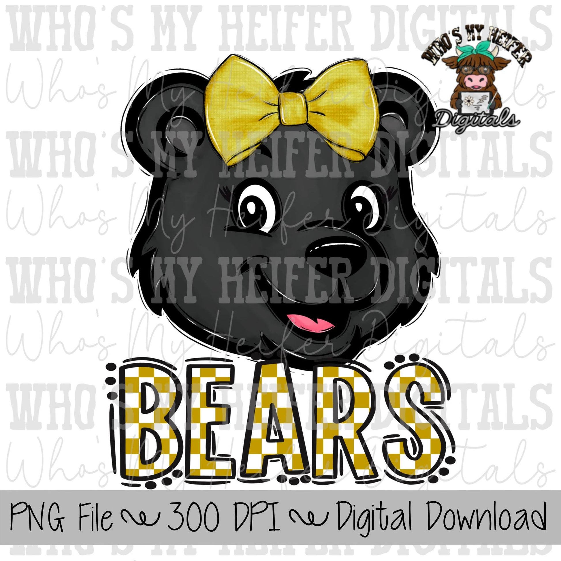 Gold & White Bears PNG Hand Drawn Bear with Bow Sublimation PNG Game Day Shirt Designs School Spirit PNG Checkered Bear Digital Download