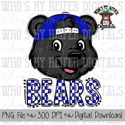 Blue & White Bears PNG Hand Drawn Bear with Hat Sublimation PNG Game Day Shirt Designs School Spirit PNG Checkered Bear Digital Download
