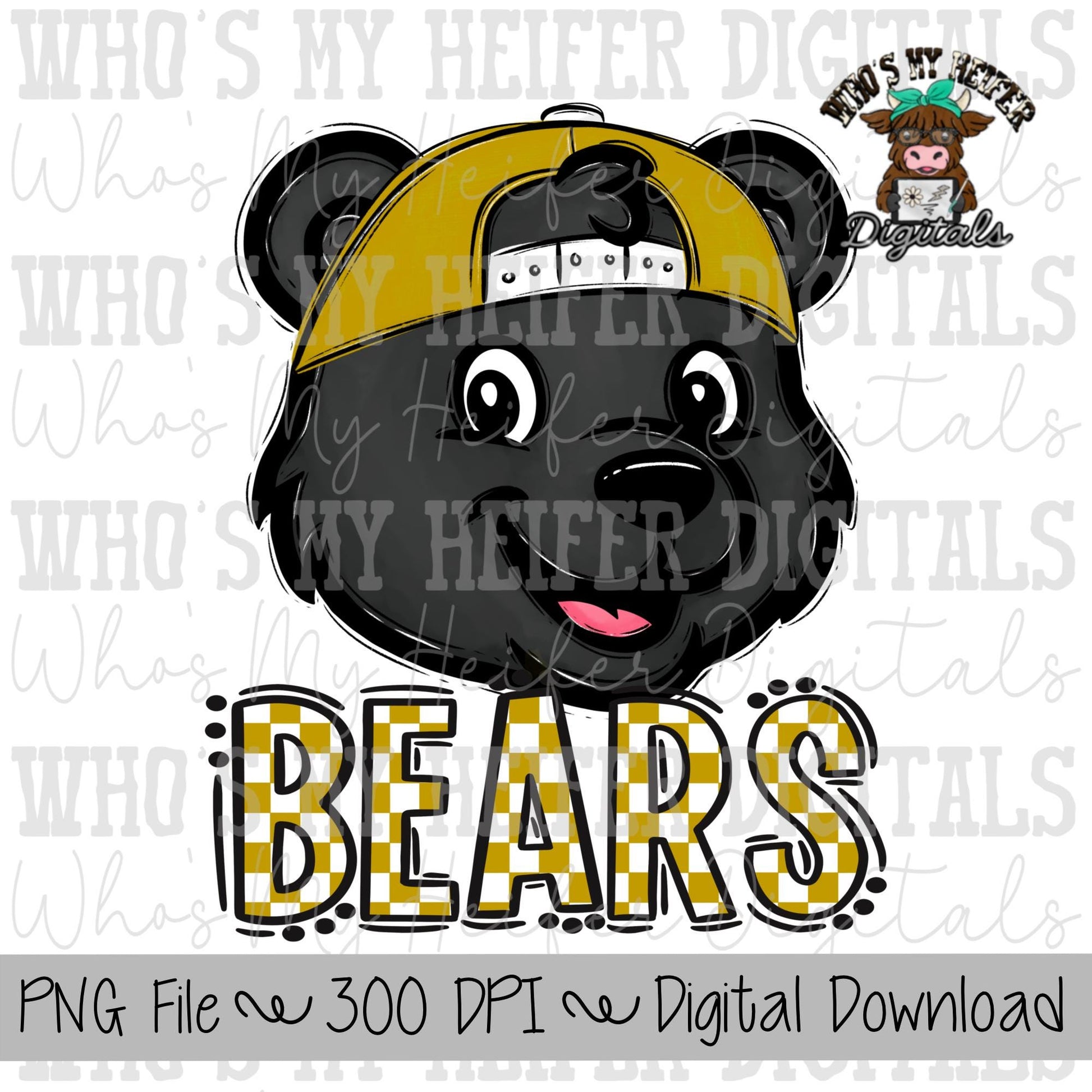 Gold & White Bears PNG Hand Drawn Bear with Hat Sublimation PNG Game Day Shirt Designs School Spirit PNG Checkered Bear Digital Download