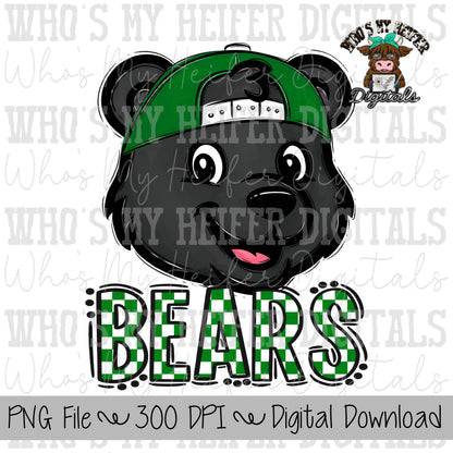 Green & White Bears PNG Hand Drawn Bear with Hat Sublimation PNG Game Day Shirt Designs School Spirit PNG Checkered Bear Digital Download