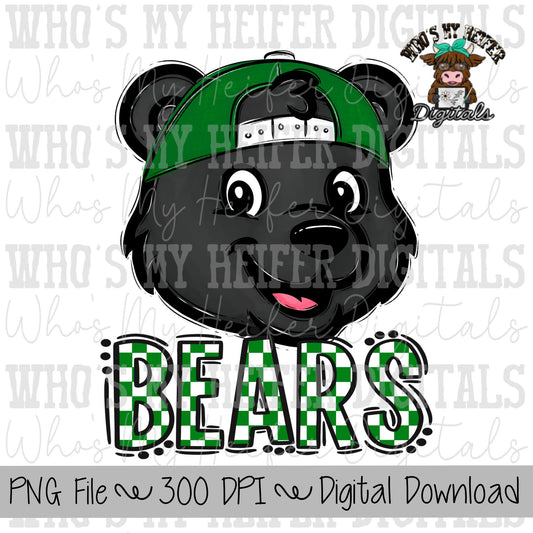 Green & White Bears PNG Hand Drawn Bear with Hat Sublimation PNG Game Day Shirt Designs School Spirit PNG Checkered Bear Digital Download
