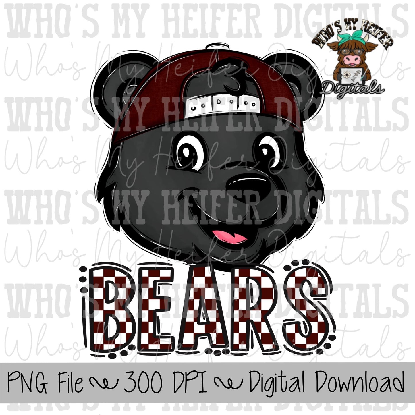 Maroon & White Bears PNG Hand Drawn Bear with Hat Sublimation PNG Game Day Shirt Designs School Spirit PNG Checkered Bear Digital Download