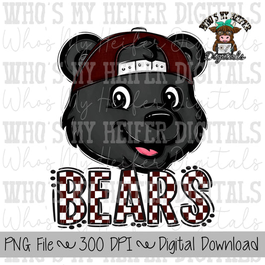 Maroon & White Bears PNG Hand Drawn Bear with Hat Sublimation PNG Game Day Shirt Designs School Spirit PNG Checkered Bear Digital Download