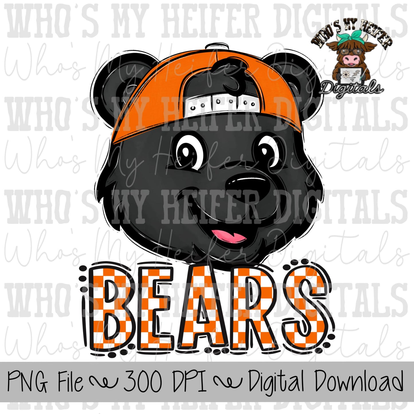 Orange & White Bears PNG Hand Drawn Bear with Hat Sublimation PNG Game Day Shirt Designs School Spirit PNG Checkered Bear Digital Download
