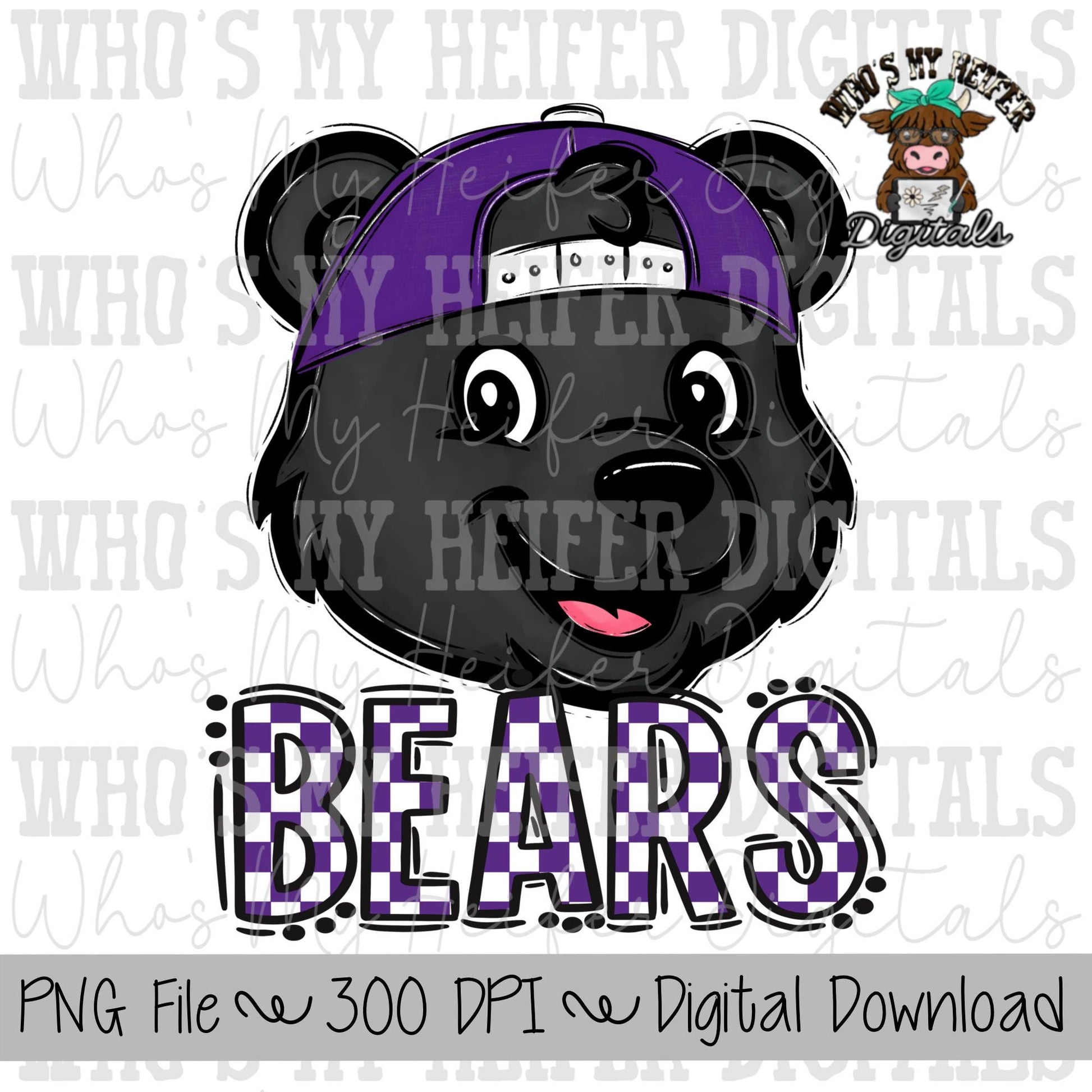 Purple & White Bears PNG Hand Drawn Bear with Hat Sublimation PNG Game Day Shirt Designs School Spirit PNG Checkered Bear Digital Download