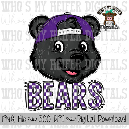 Purple & White Bears PNG Hand Drawn Bear with Hat Sublimation PNG Game Day Shirt Designs School Spirit PNG Checkered Bear Digital Download