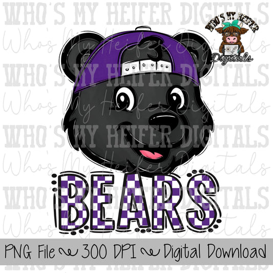 Purple & White Bears PNG Hand Drawn Bear with Hat Sublimation PNG Game Day Shirt Designs School Spirit PNG Checkered Bear Digital Download