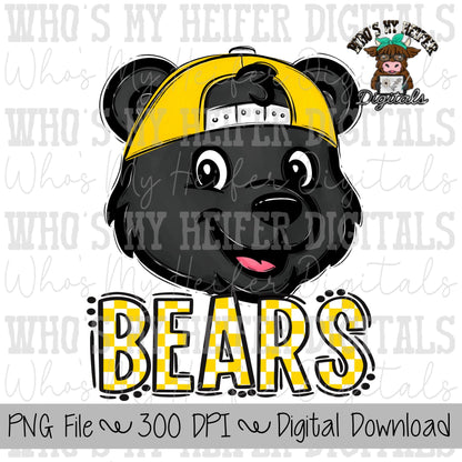 Yellow & White Bears PNG Hand Drawn Bear with Hat Sublimation PNG Game Day Shirt Designs School Spirit PNG Checkered Bear Digital Download