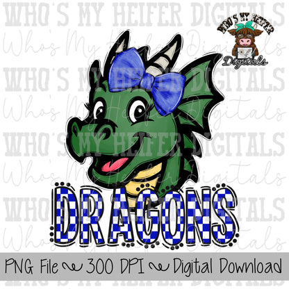 Blue & White Dragons PNG Hand Drawn Dragon with Bow Sublimation PNG Game Day Shirt Designs School Spirit PNG Checkered Dragon Doodle Art