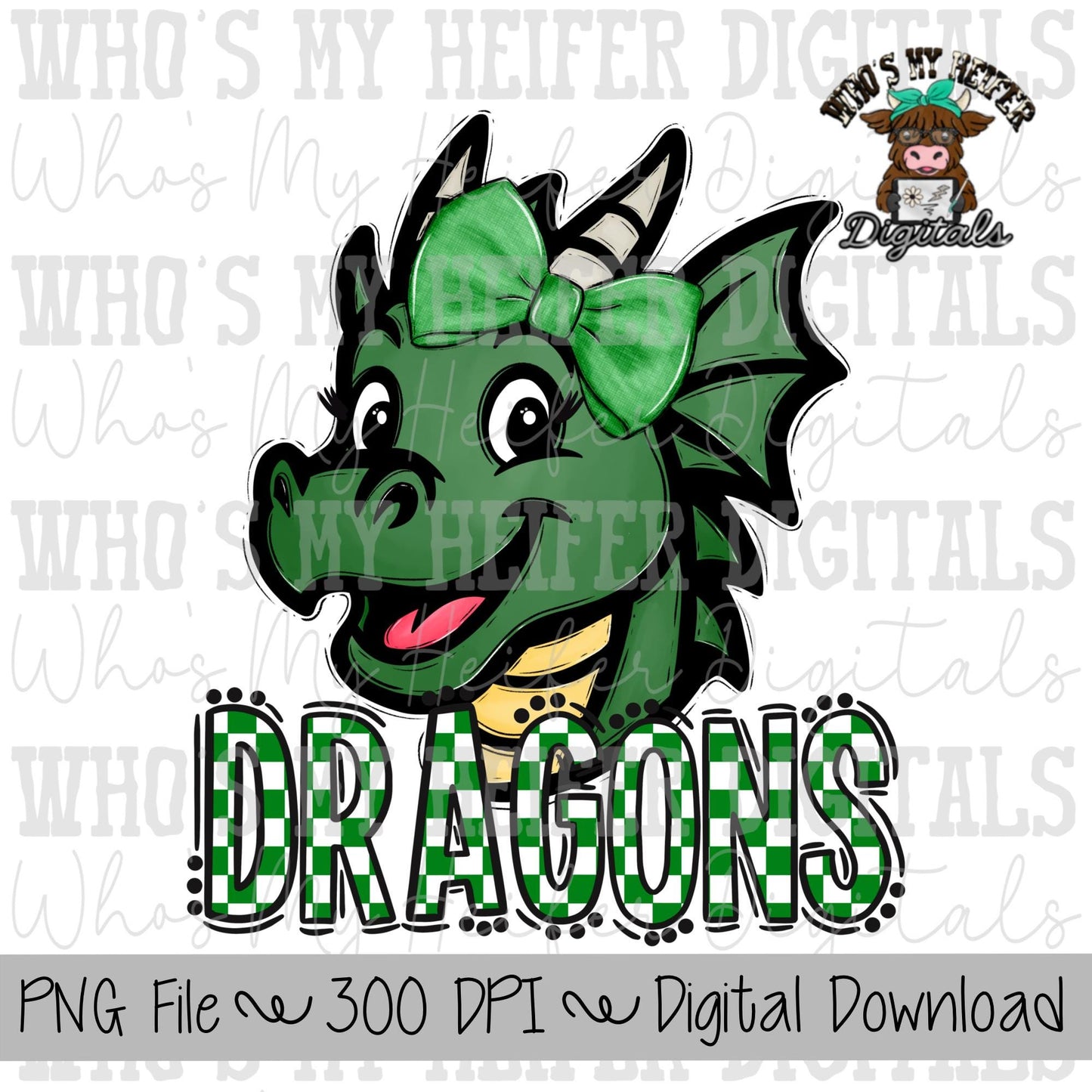 Green & White Dragons PNG Hand Drawn Dragon with Bow Sublimation PNG Game Day Shirt Designs School Spirit PNG Checkered Dragon Doodle Art