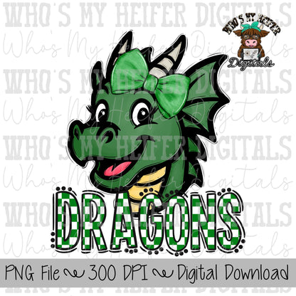 Green & White Dragons PNG Hand Drawn Dragon with Bow Sublimation PNG Game Day Shirt Designs School Spirit PNG Checkered Dragon Doodle Art